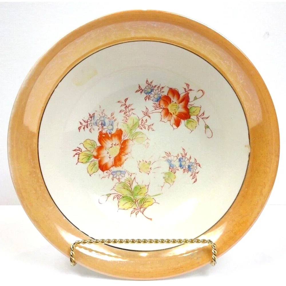 Vintage Japanese Luster Ware Serving Bowl with Floral Center Peach Band 9.5